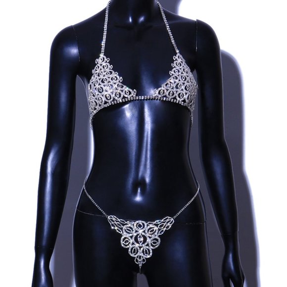 Evil Eye Underwear Set Women Crystal Panties Waist Chain Bra Thong Body Jewelry - Picture 3 of 10